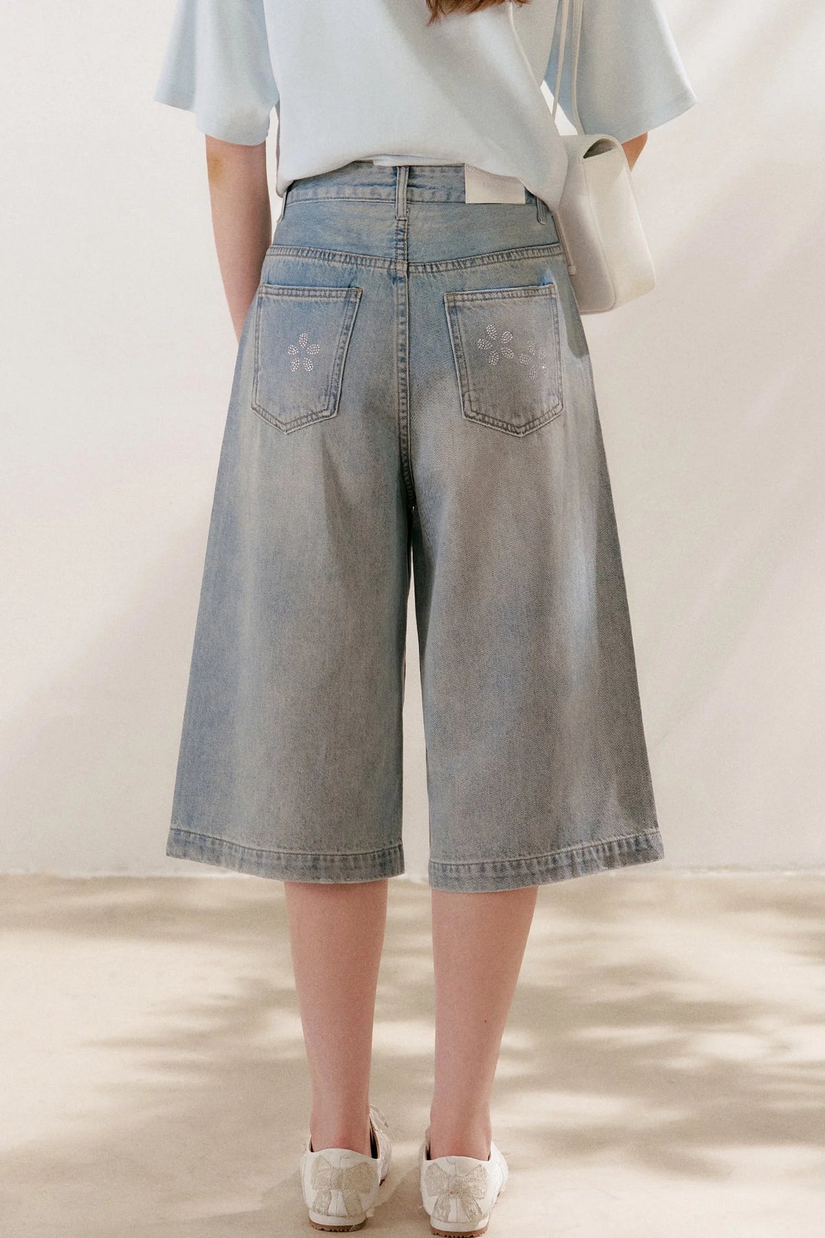 Floral Rhinestone Wide-Leg Denim Pants