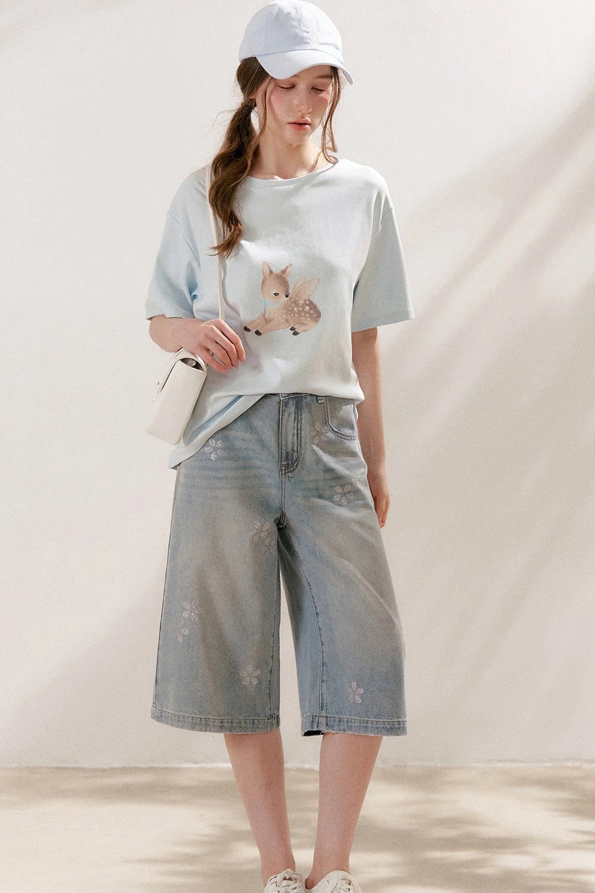 Floral Rhinestone Wide-Leg Denim Pants