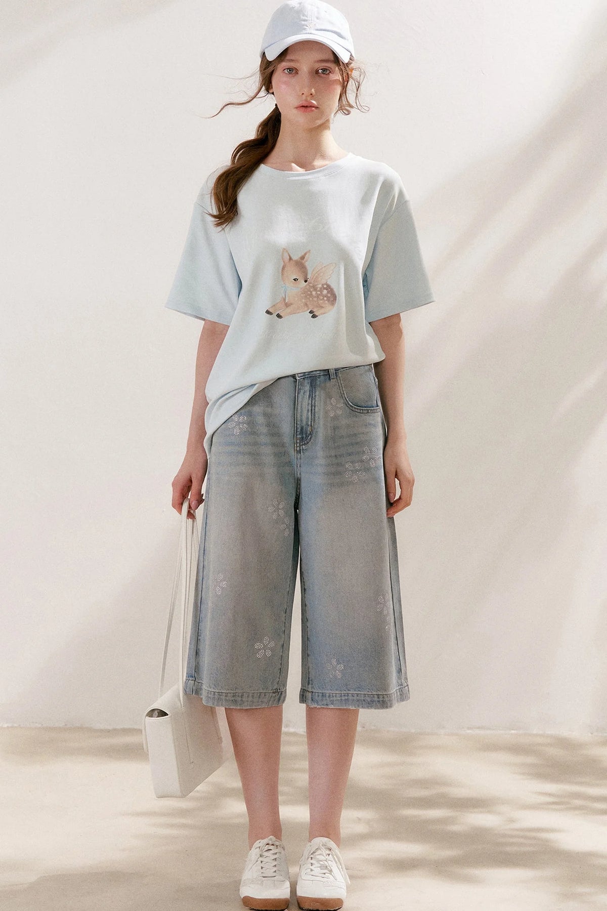 Floral Rhinestone Wide-Leg Denim Pants
