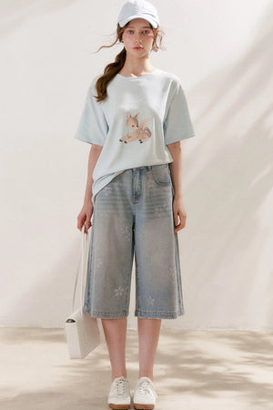 Floral Rhinestone Wide-Leg Denim Pants