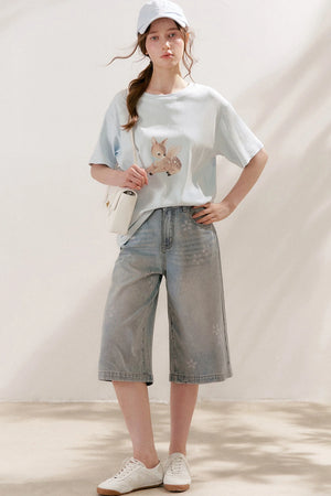 Floral Rhinestone Wide-Leg Denim Pants