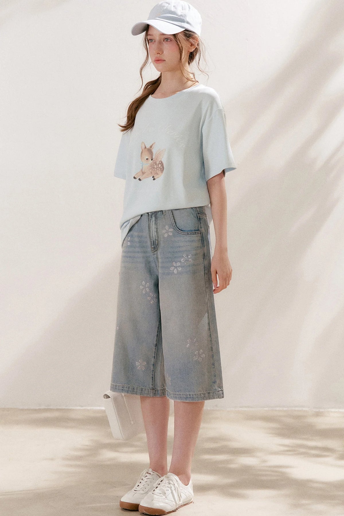 Floral Rhinestone Wide-Leg Denim Pants