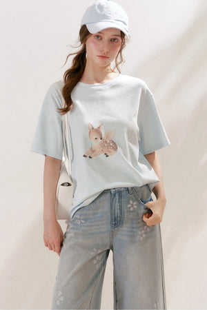 Floral Rhinestone Wide-Leg Denim Pants