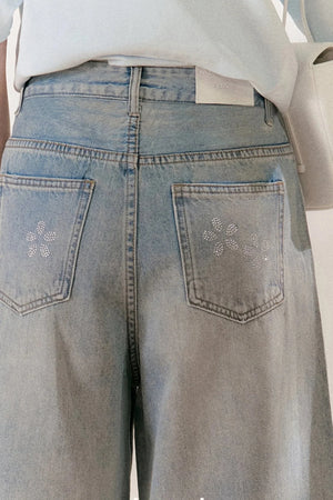 Floral Rhinestone Wide-Leg Denim Pants