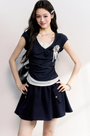 Floral Ruched Fake Two-Piece T-Shirt
