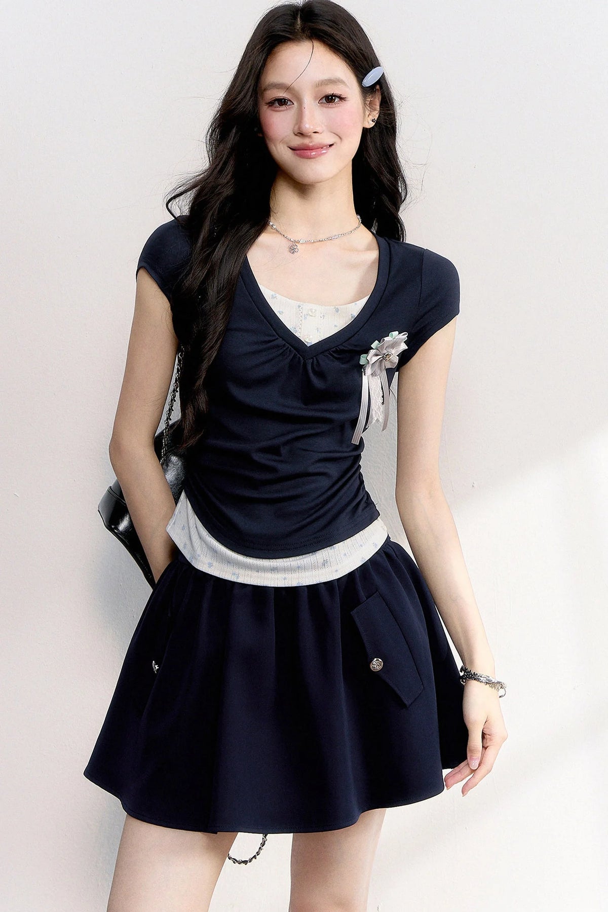 Floral Ruched Fake Two-Piece T-Shirt