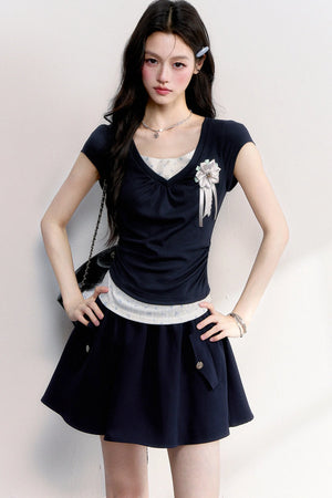 Floral Ruched Fake Two-Piece T-Shirt