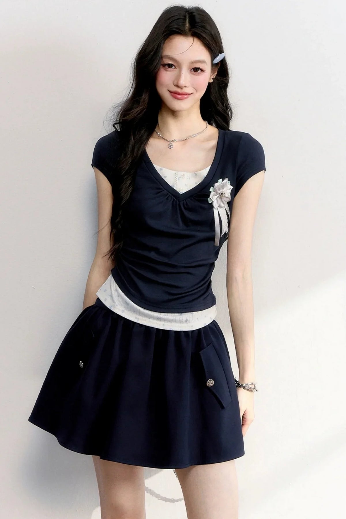 Floral Ruched Fake Two-Piece T-Shirt