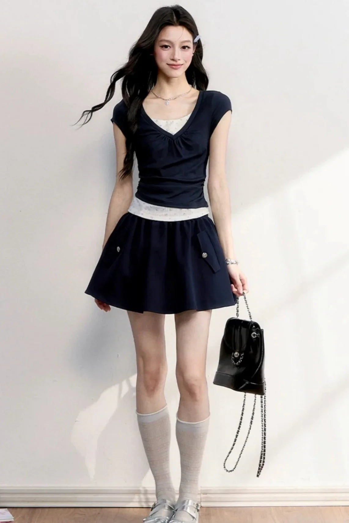 Floral Ruched Fake Two-Piece T-Shirt