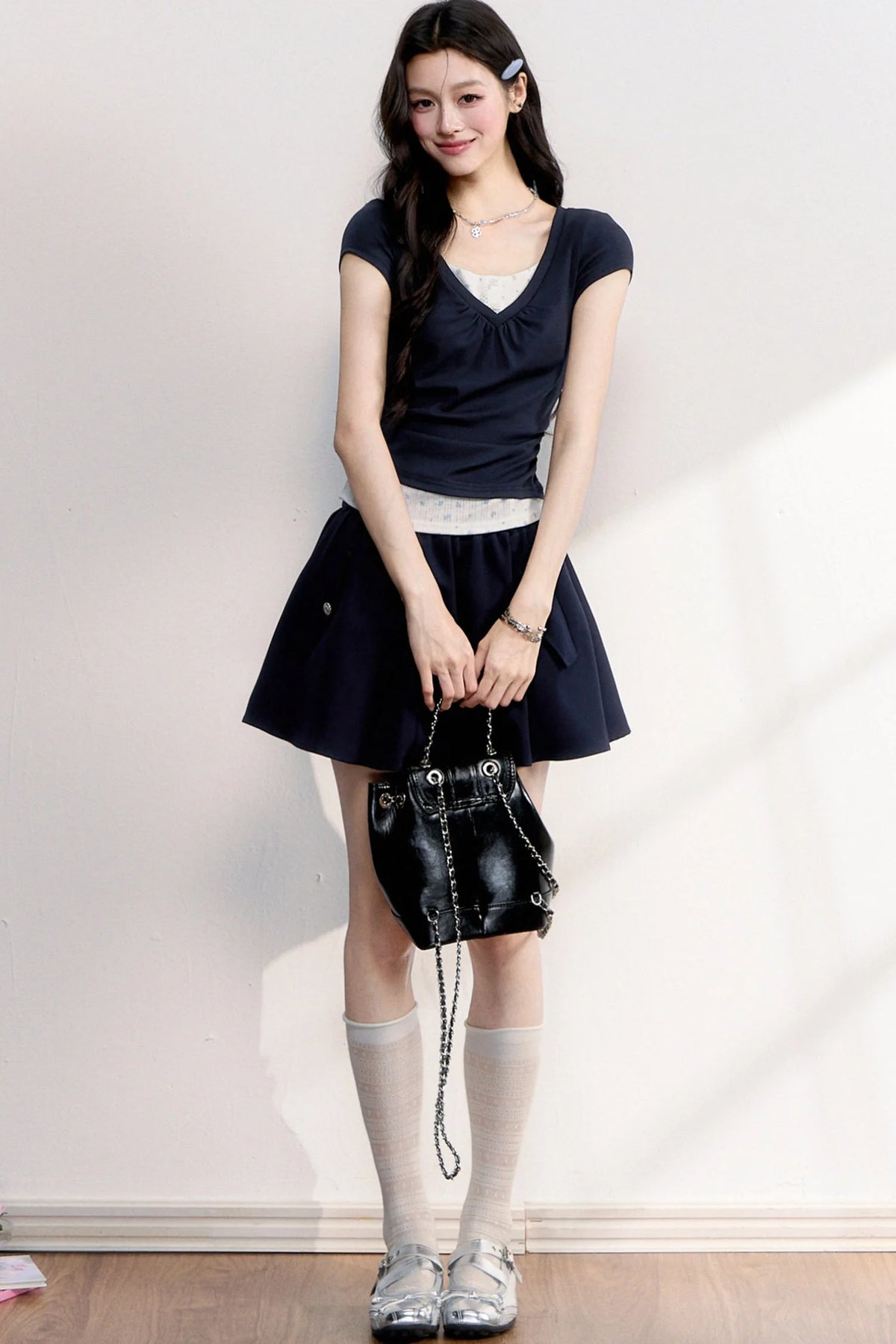 Floral Ruched Fake Two-Piece T-Shirt