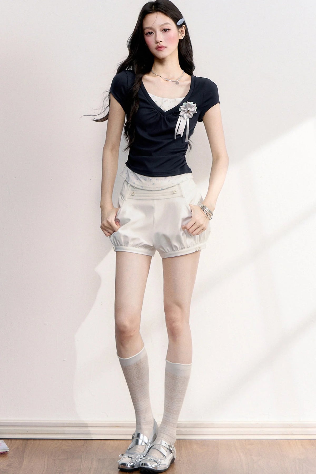 Floral Ruched Fake Two-Piece T-Shirt