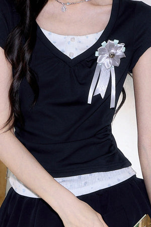 Floral Ruched Fake Two-Piece T-Shirt