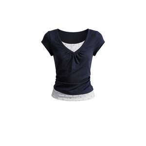 Floral Ruched Fake Two-Piece T-Shirt