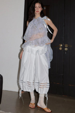 Floral Ruffle Top And White Balloon Pants