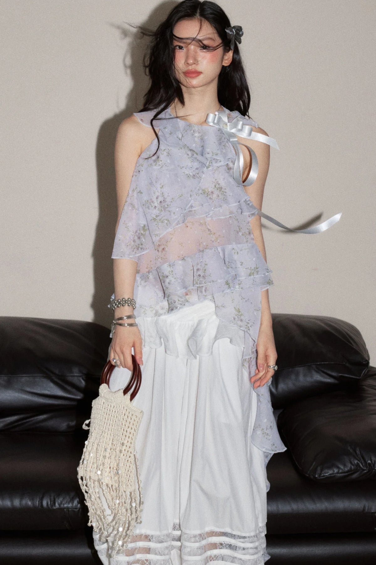 Floral Ruffle Top And White Balloon Pants