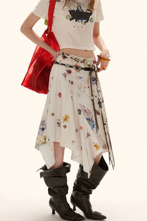 Floral Satin Asymmetrical Skirt