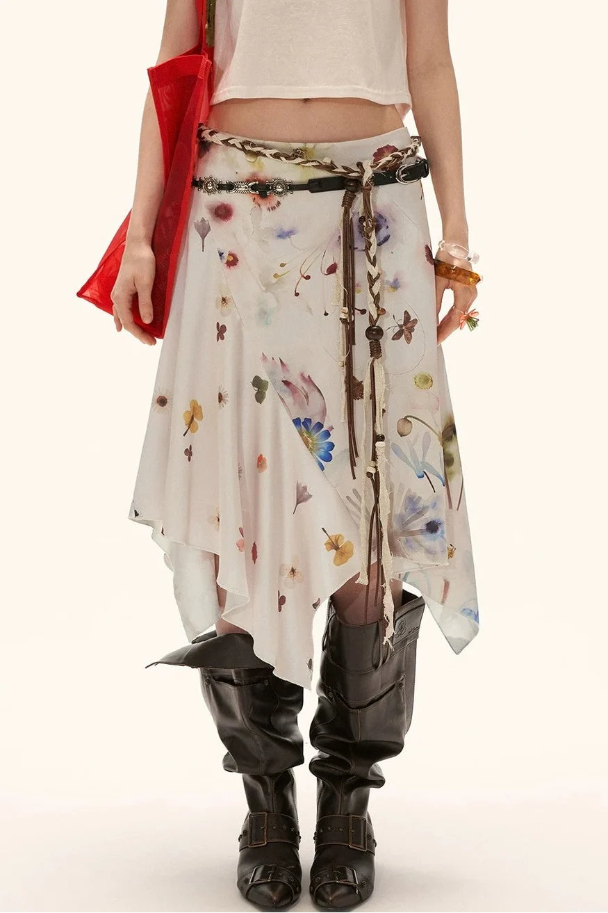 Floral Satin Asymmetrical Skirt