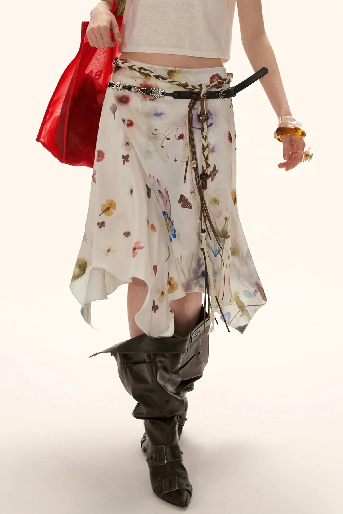 Floral Satin Asymmetrical Skirt