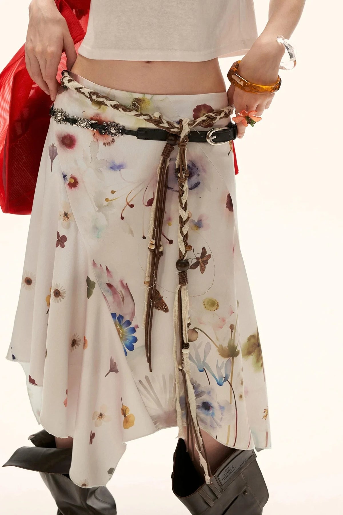 Floral Satin Asymmetrical Skirt