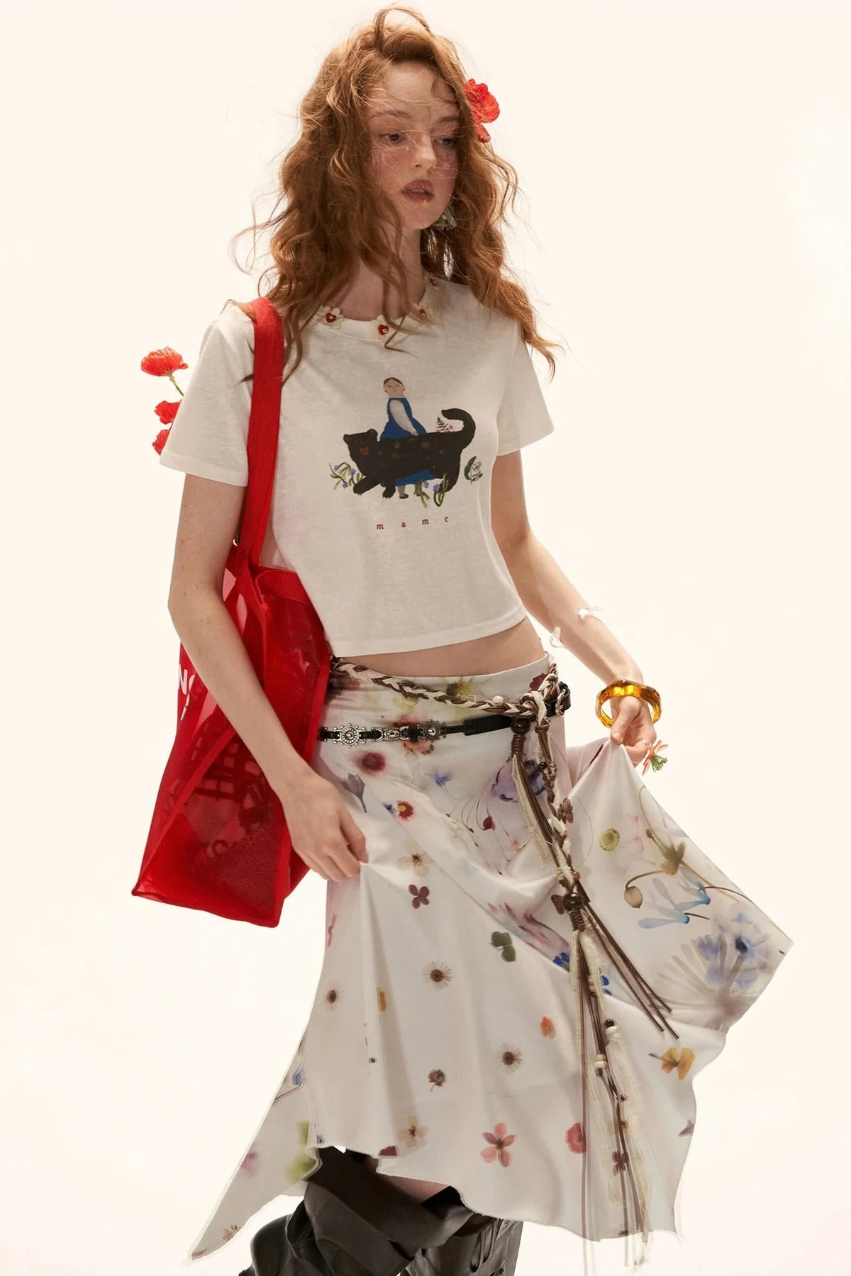 Floral Satin Asymmetrical Skirt