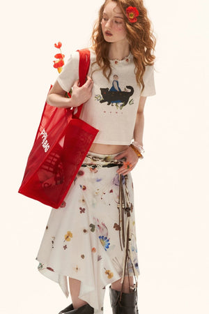 Floral Satin Asymmetrical Skirt