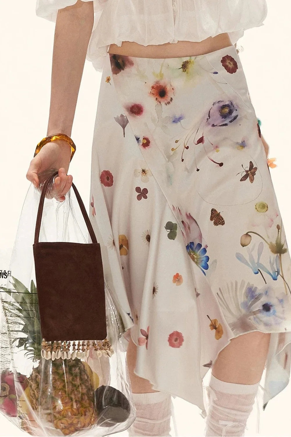 Floral Satin Asymmetrical Skirt