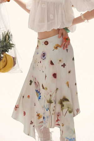 Floral Satin Asymmetrical Skirt