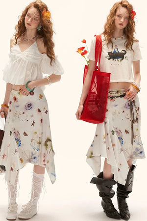 Floral Satin Asymmetrical Skirt