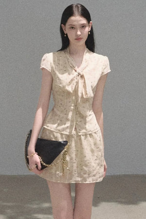 Floral Waist-Cinching Slim-Fit Short-Sleeved Top Skirt Set