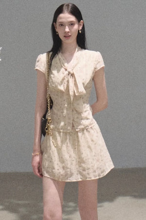 Floral Waist-Cinching Slim-Fit Short-Sleeved Top Skirt Set