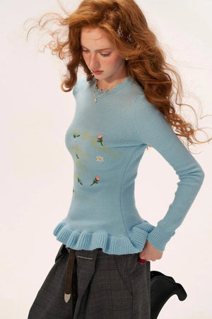 Flower Embroidery Round Neck Sweater