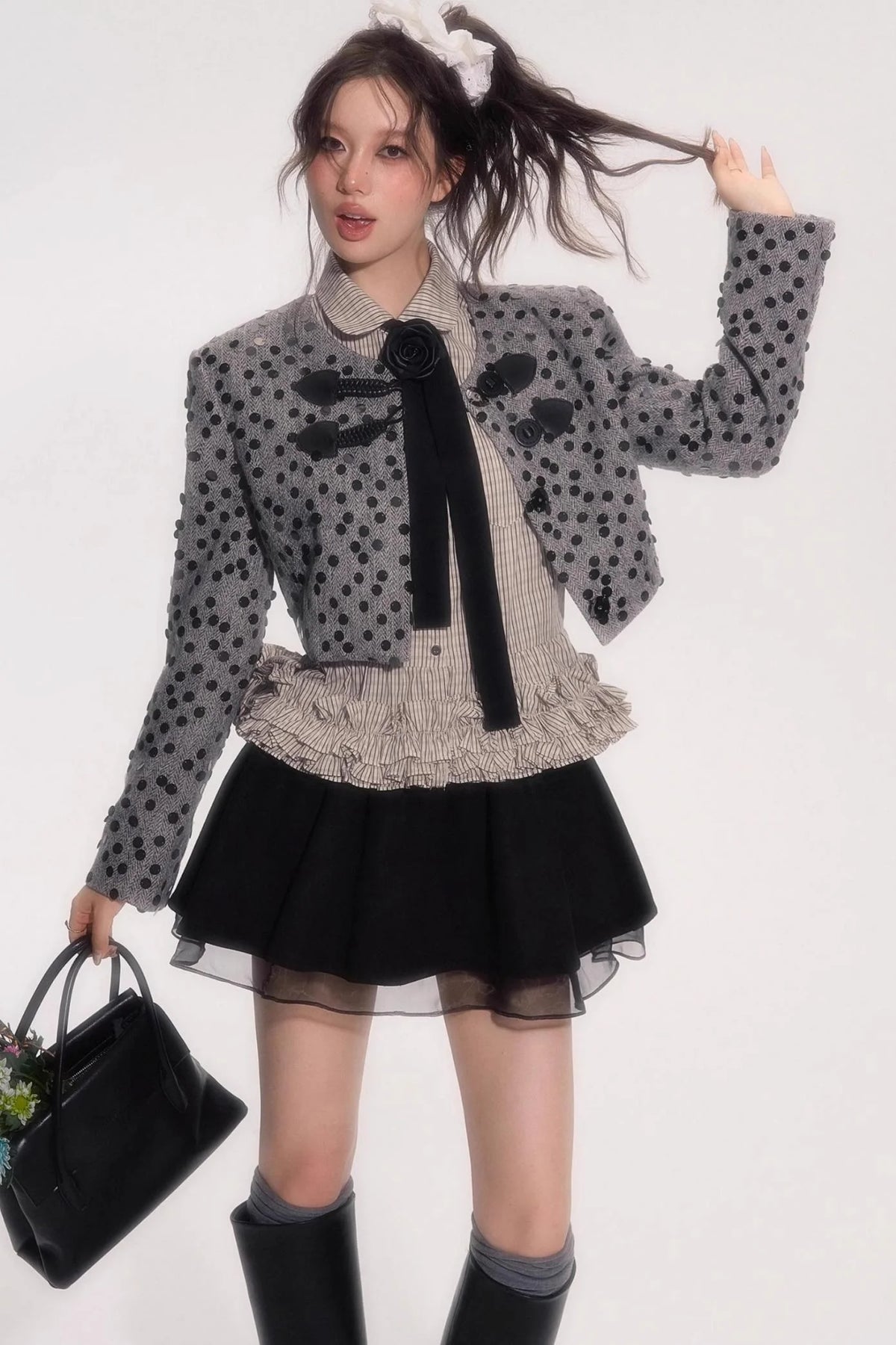 Flower Hem Shirt With Tie Set-Up