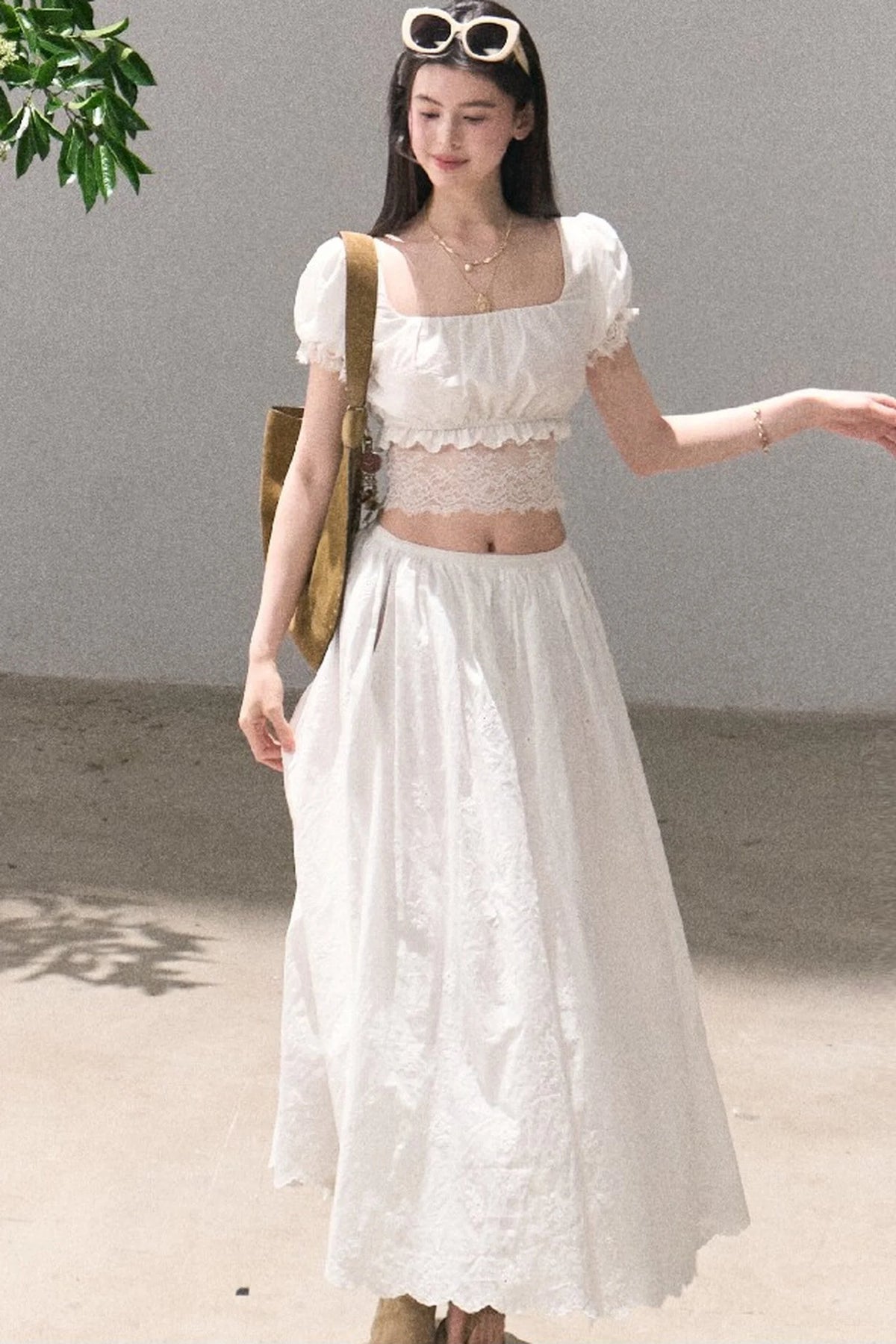 Flower Shape Cotton Lace Top And Skirt Set-Up