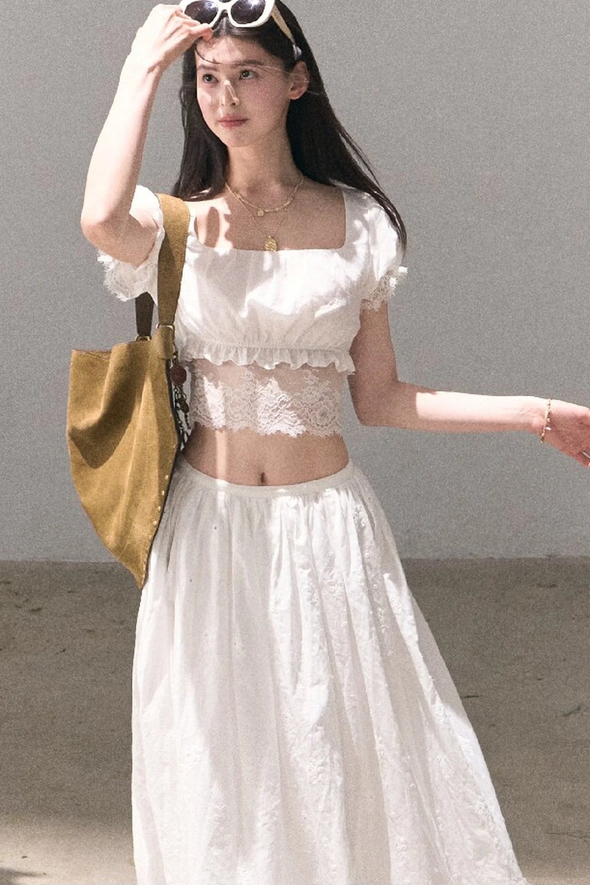 Flower Shape Cotton Lace Top And Skirt Set-Up