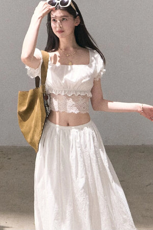 Flower Shape Cotton Lace Top And Skirt Set-Up