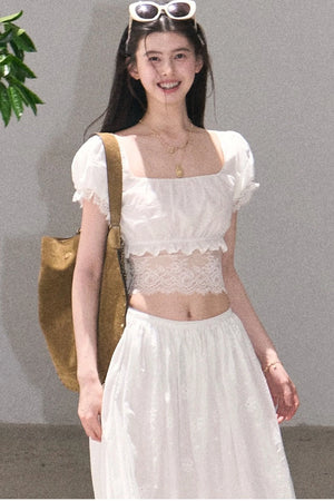 Flower Shape Cotton Lace Top And Skirt Set-Up