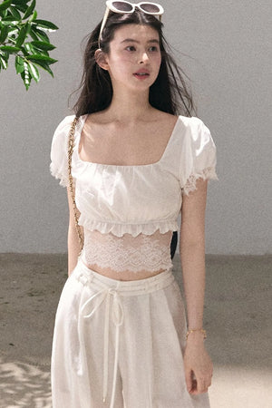 Flower Shape Cotton Lace Top And Skirt Set-Up