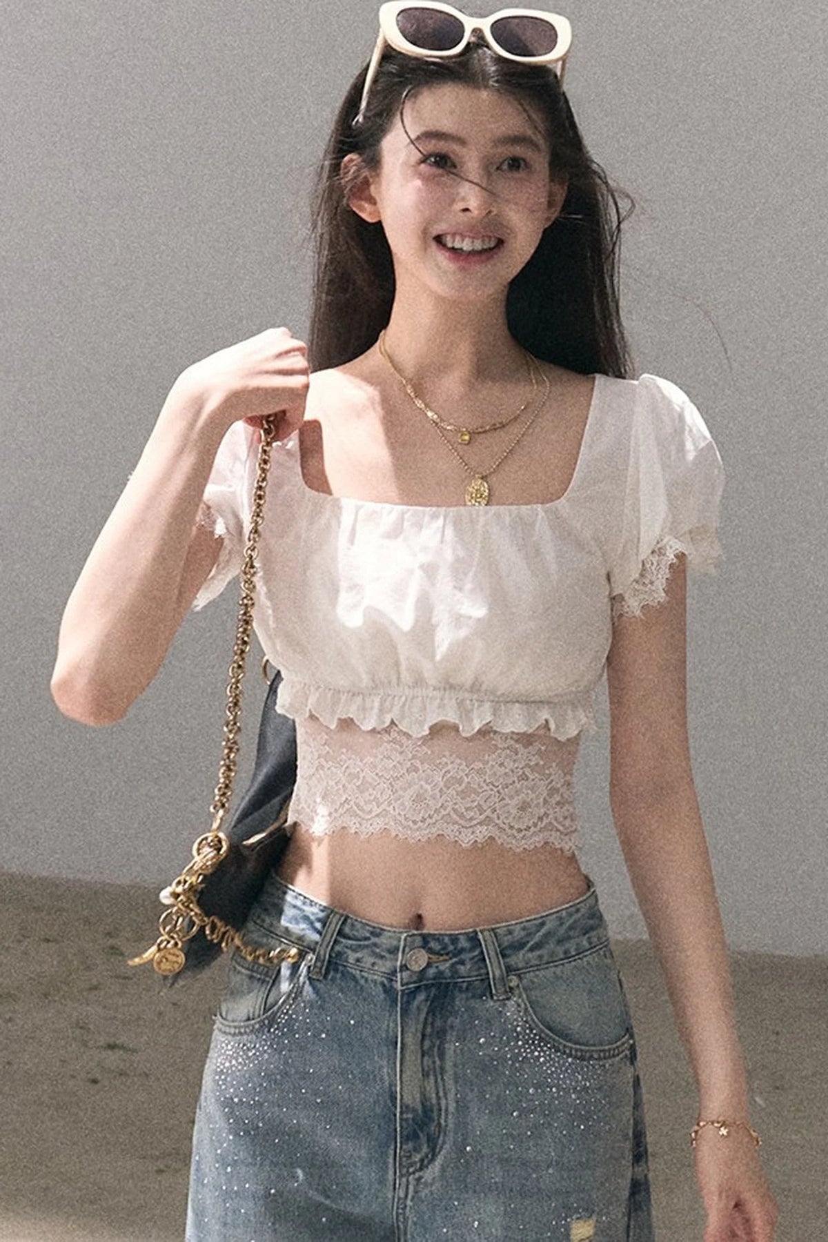Flower Shape Cotton Lace Top And Skirt Set-Up