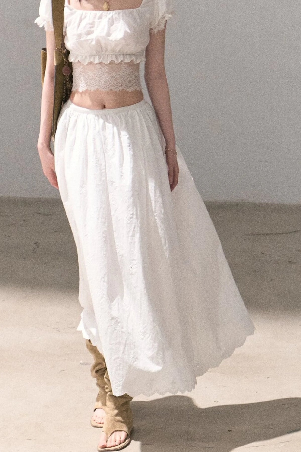 Flower Shape Cotton Lace Top And Skirt Set-Up