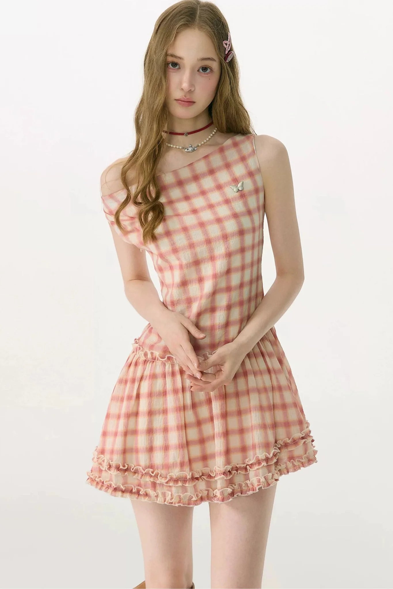 Flutter Collar Plaid Dress