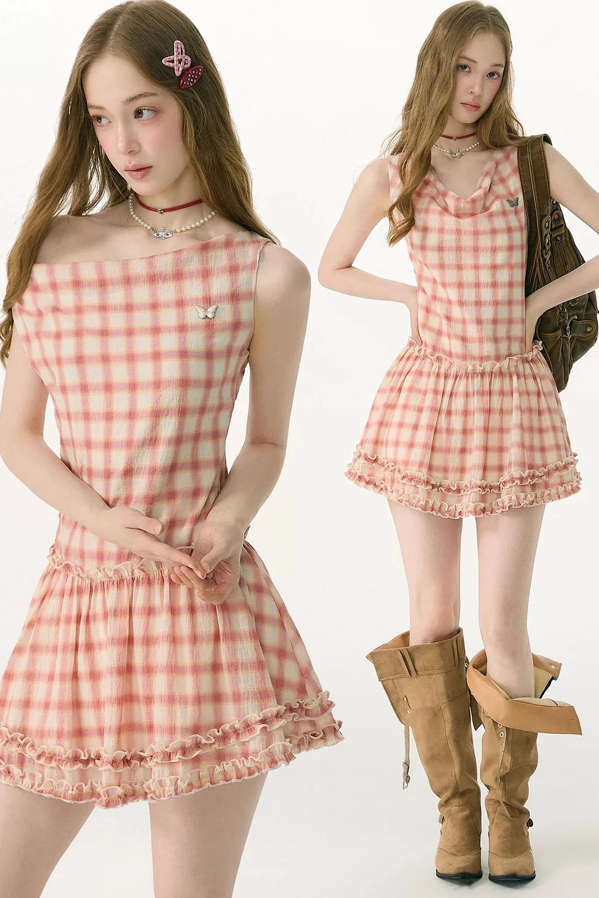 Flutter Collar Plaid Dress