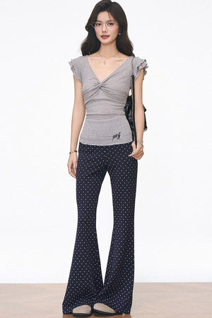 Flutter Sleeve Knit Top and Polka Dot Pants Set-Up