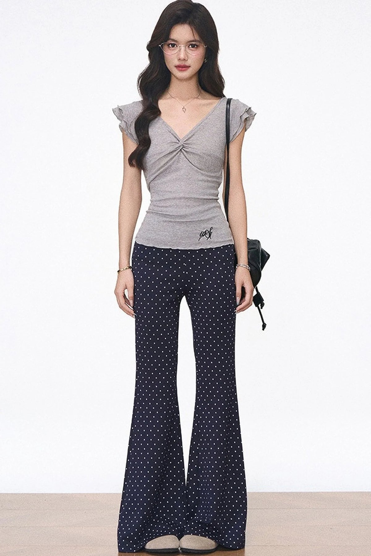 Flutter Sleeve Knit Top and Polka Dot Pants Set-Up
