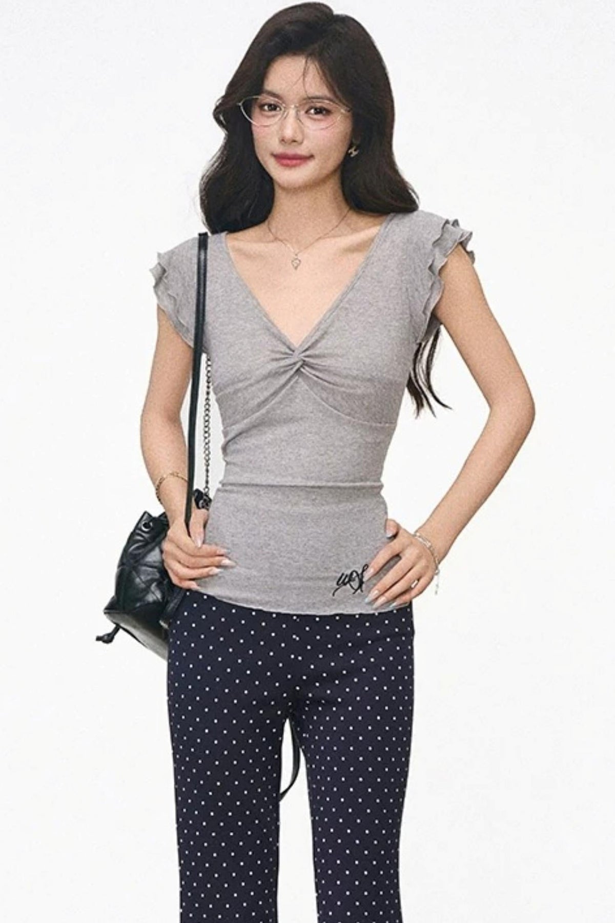 Flutter Sleeve Knit Top and Polka Dot Pants Set-Up