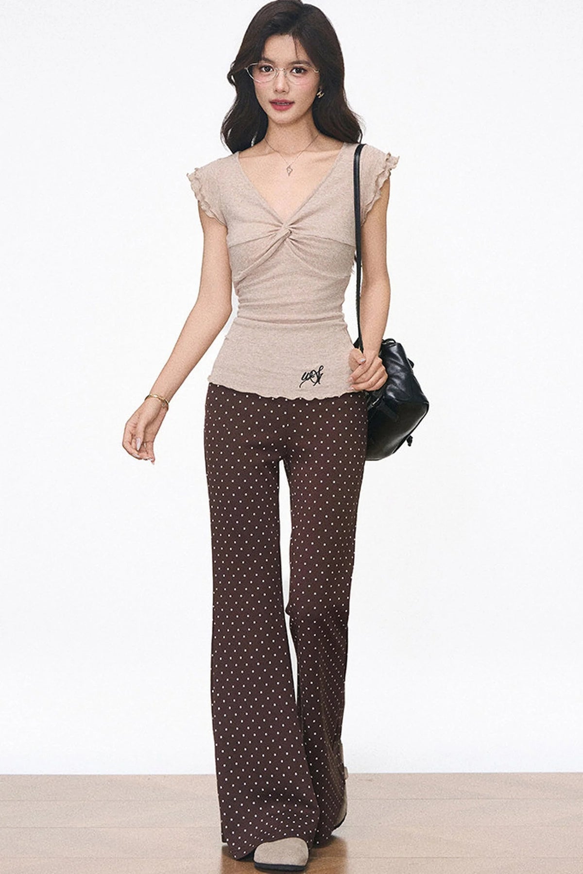 Flutter Sleeve Knit Top and Polka Dot Pants Set-Up