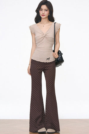 Flutter Sleeve Knit Top and Polka Dot Pants Set-Up