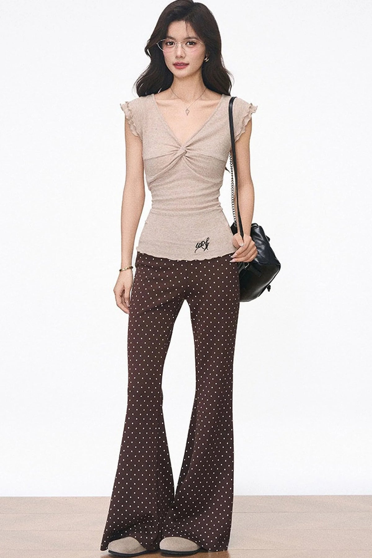 Flutter Sleeve Knit Top and Polka Dot Pants Set-Up