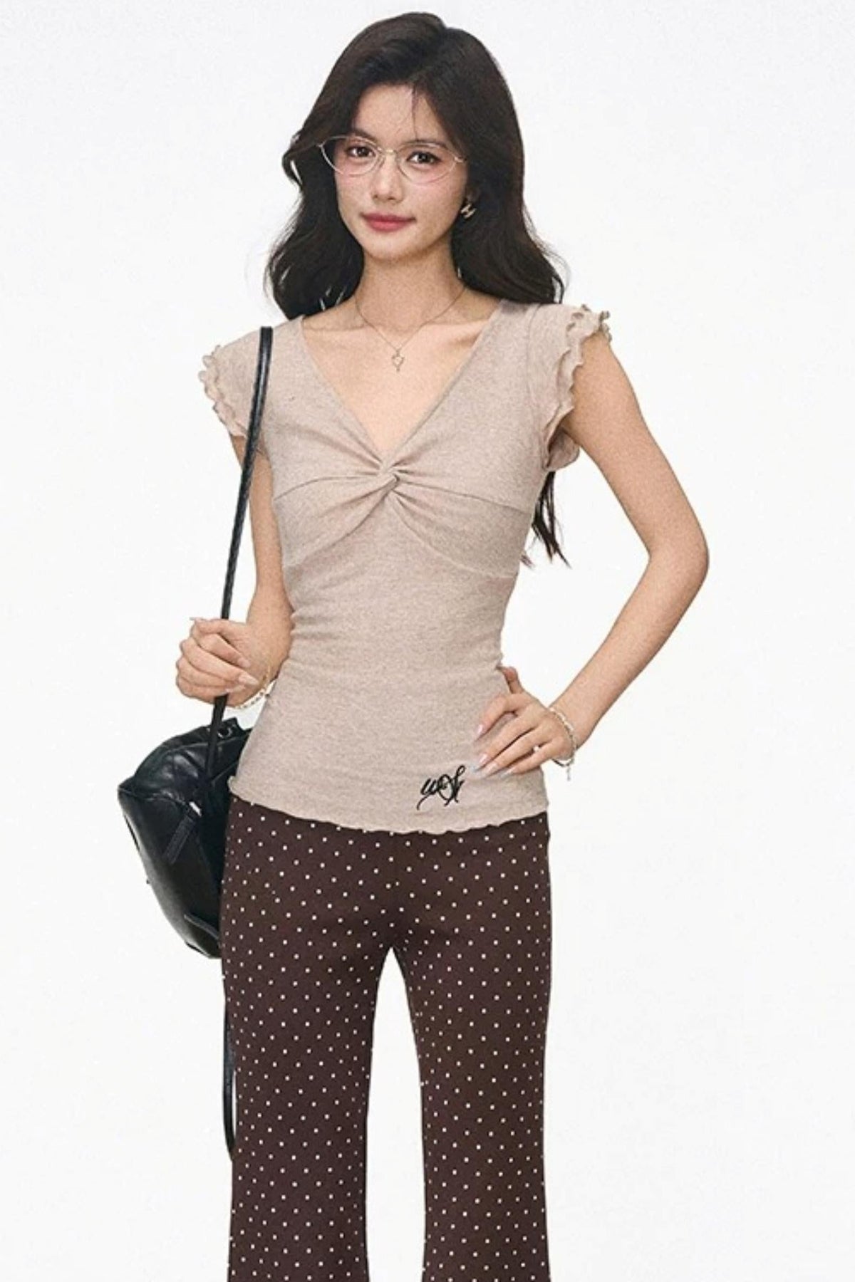 Flutter Sleeve Knit Top and Polka Dot Pants Set-Up