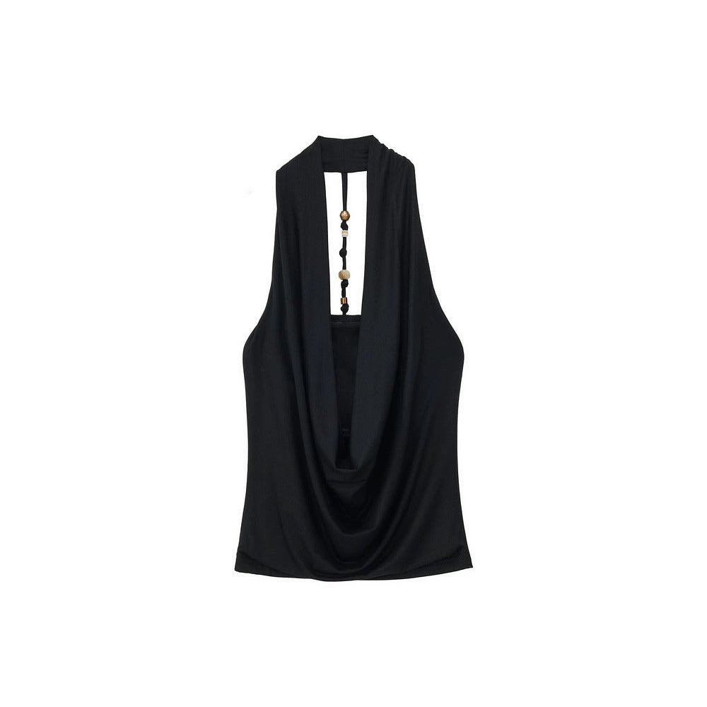 French Beaded Halter Backless Top