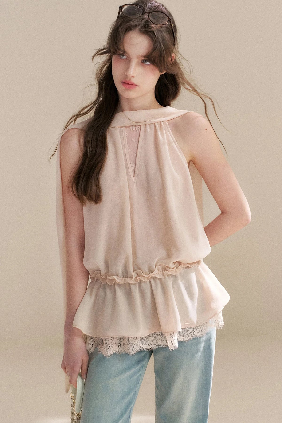 French Chiffon Lace Ribbon Top